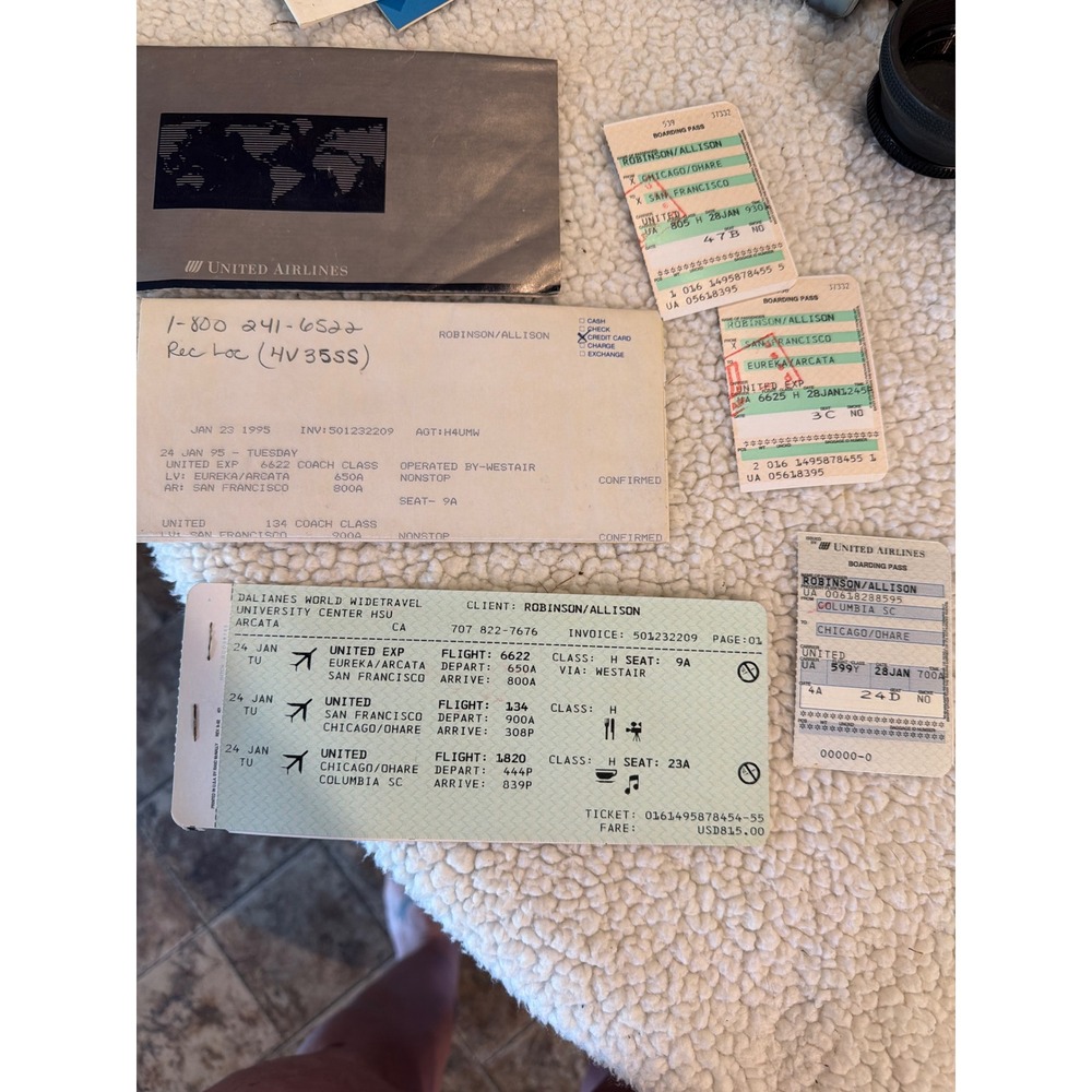 Vintage 1995 United Airlines Boarding Passes & Ticket Receipts Ephemera Set 90s